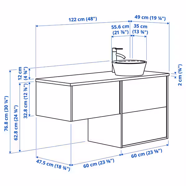 ÄNGSJÖN ЭНГШЁН / OXMYREN ОКСМЮРЕН Шкаф п-раковину/раковина/смеситель - схема-чертеж с размерами