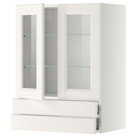 Навесной шкаф, 2 стеклянные дверцы, 2 ящика МЕТОД / ФОРВАРА, белый, Лаксарби белый