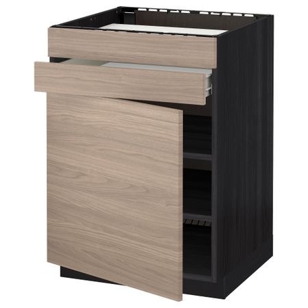 Напольный шкаф для варочной панели, доводчик, 2 фасада, 1 ящик МЕТОД / ФОРВАРА, черный, Брокхульт светло-серый (60x60 см)