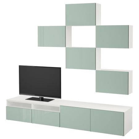 Шкаф для ТВ, комбинация БЕСТО, белый, Сельсвикен глянцевый/серо-зеленый светлый (240x20/40x204 см)