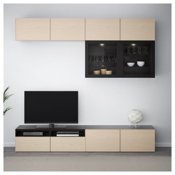 Шкаф для ТВ, комбинированный, стекляные дверцы БЕСТО, черно-коричневый Синдвик, Инвикен ясеневый шпон (240x40x230 см) - фото 2