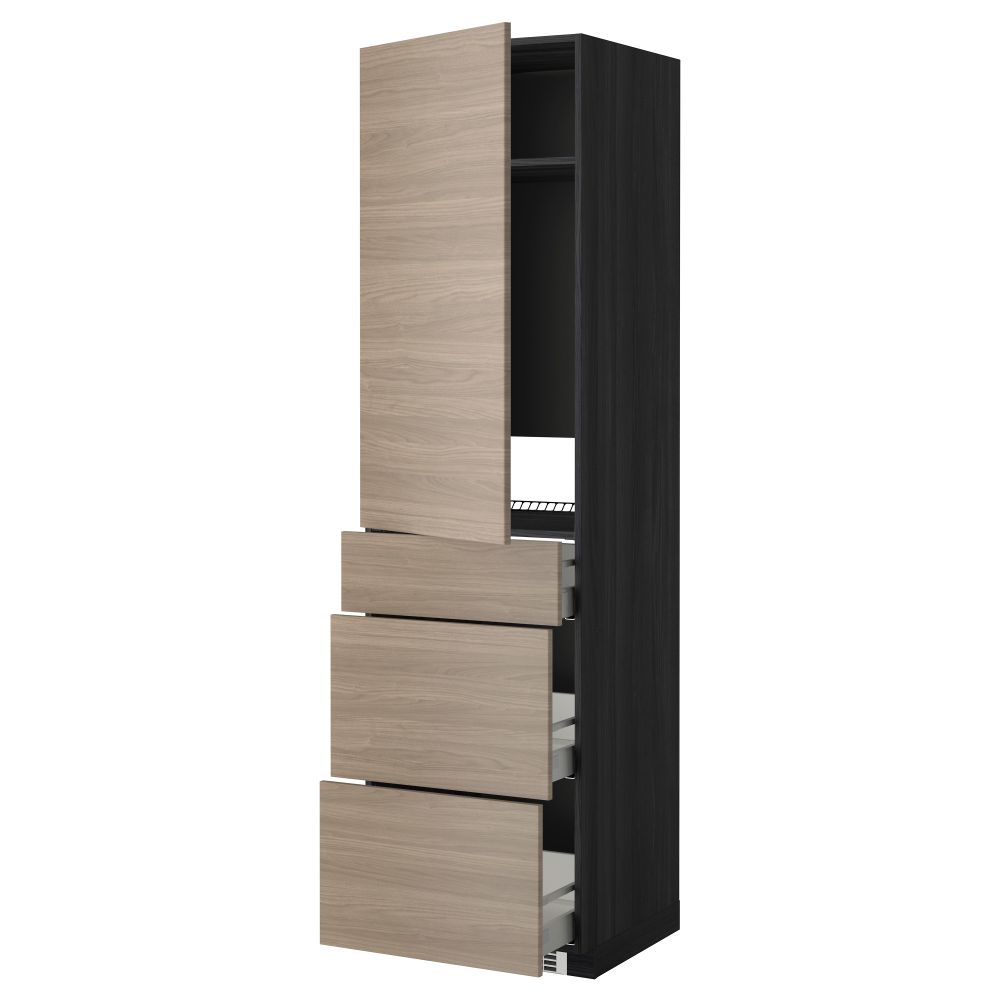 Высокий шкаф для холодильника, с дверцами, 3 ящика МЕТОД / МАКСИМЕРА, черный, Брокхульт светло-серый (60x60x220 см) - фото 1