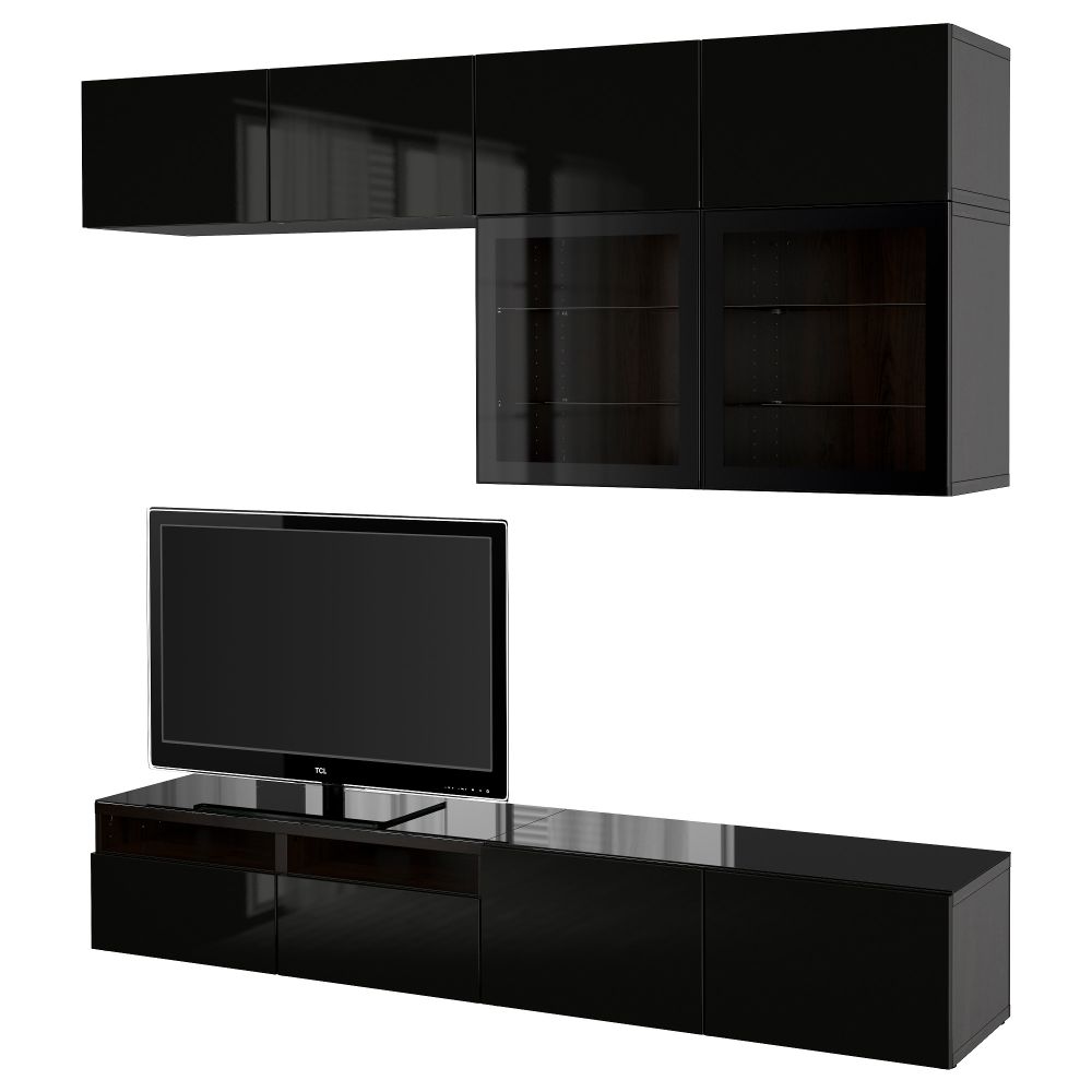 Шкаф для ТВ, комбинированный, стекляные дверцы БЕСТО, черно-коричневый, Сельсвикен глянцевый/черный прозрачное стекло - фото 1