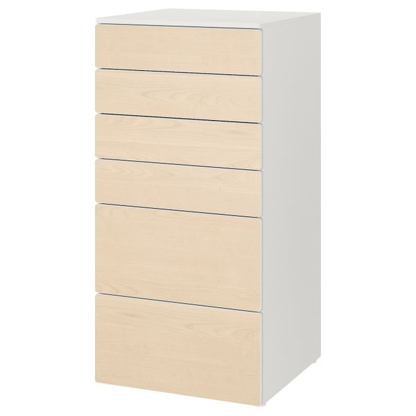 Комод с 6 ящиками, белый, береза 60x57x123 см IKEA SMÅSTAD СМОСТАД / OPPHUS ОПХУС 093.955.87 - фото 1