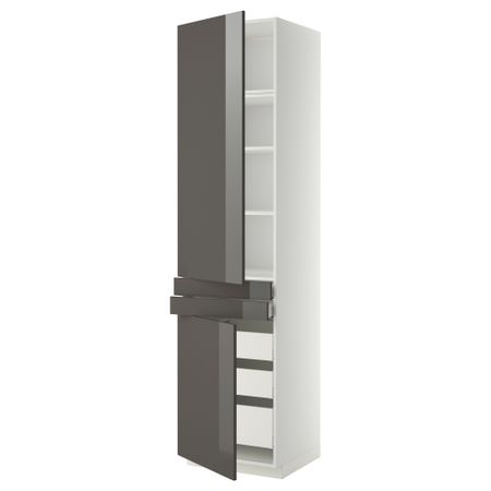 Высокий шкаф + полки, 5 ящиков, 2 дверцы, 2 фронтальных МЕТОД / МАКСИМЕРА, белый, Рингульт серый