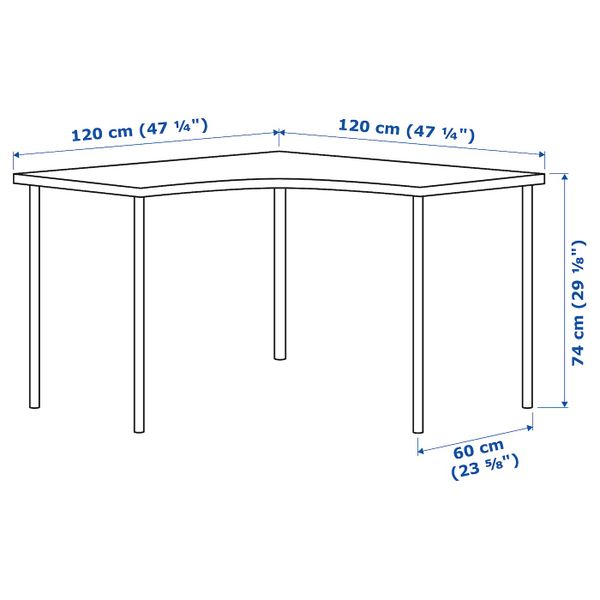 Угловой стол, черно-коричневый/синий 120x120 см IKEA LINNMON ЛИННМОН / ADILS АДИЛЬС 492.790.29 - схема-чертеж с размерами