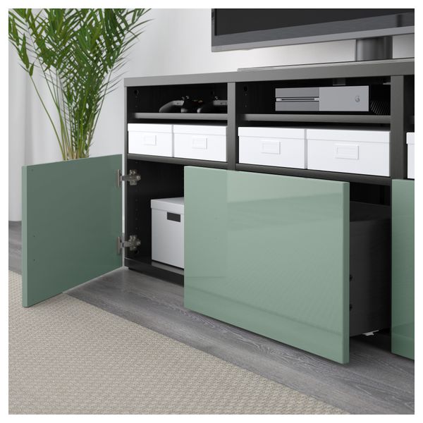 Шкаф для ТВ, комбинированный, стекляные дверцы БЕСТО, черно-коричневый Сельсвикен, глянцевый/серо-зеленый светлый прозрачное - фото 3