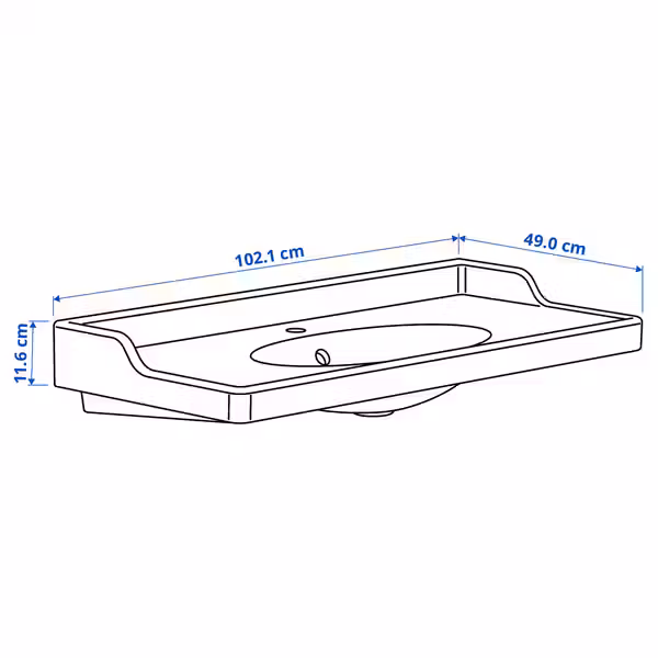 RUTSJÖN РУТШЁН Раковина с сифоном - белый 102x49 см - схема-чертеж с размерами