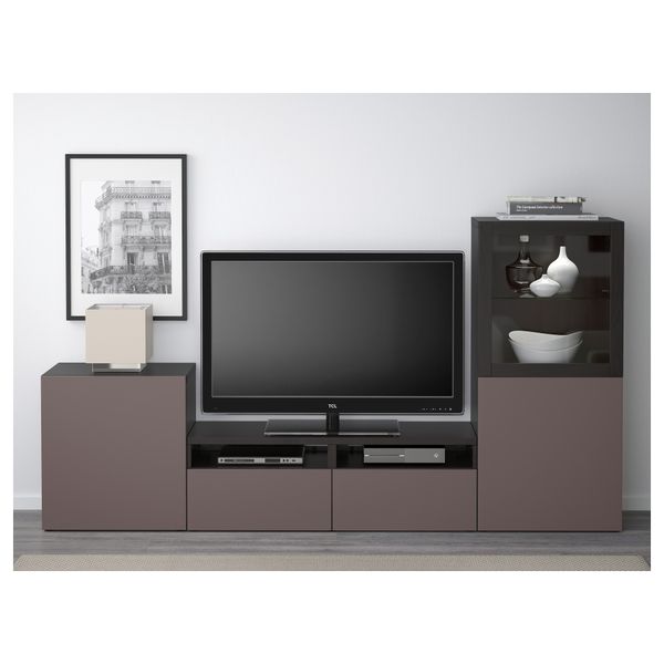 Шкаф для ТВ, комбинированный, стекляные дверцы БЕСТО, черно-коричневый, Вальвикен темно-коричневый, прозрачное стекло - фото 2