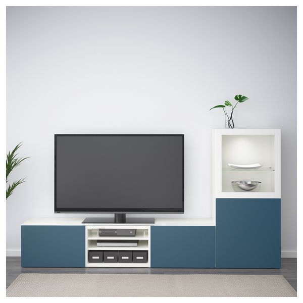 Шкаф для ТВ, комбинированный, стекляные дверцы БЕСТО, белый Вальвикен, темно-синий прозрачное стекло (240x40x128 см) - фото 2