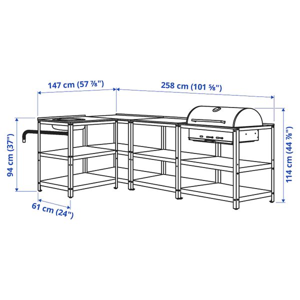 Кухонная мойка/угольн гриль,д/улицы, нержавеющая сталь 258x147 см IKEA GRILLSKÄR ГРИЛЛЬСКЭР 794.003.97 - схема-чертеж с размерами