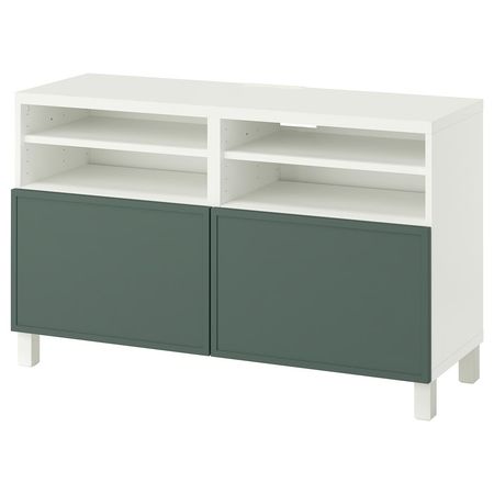 BESTÅ Тумба под ТВ, с дверцами - белый/Krukmakare темный серо-зеленый 120x42x74 см