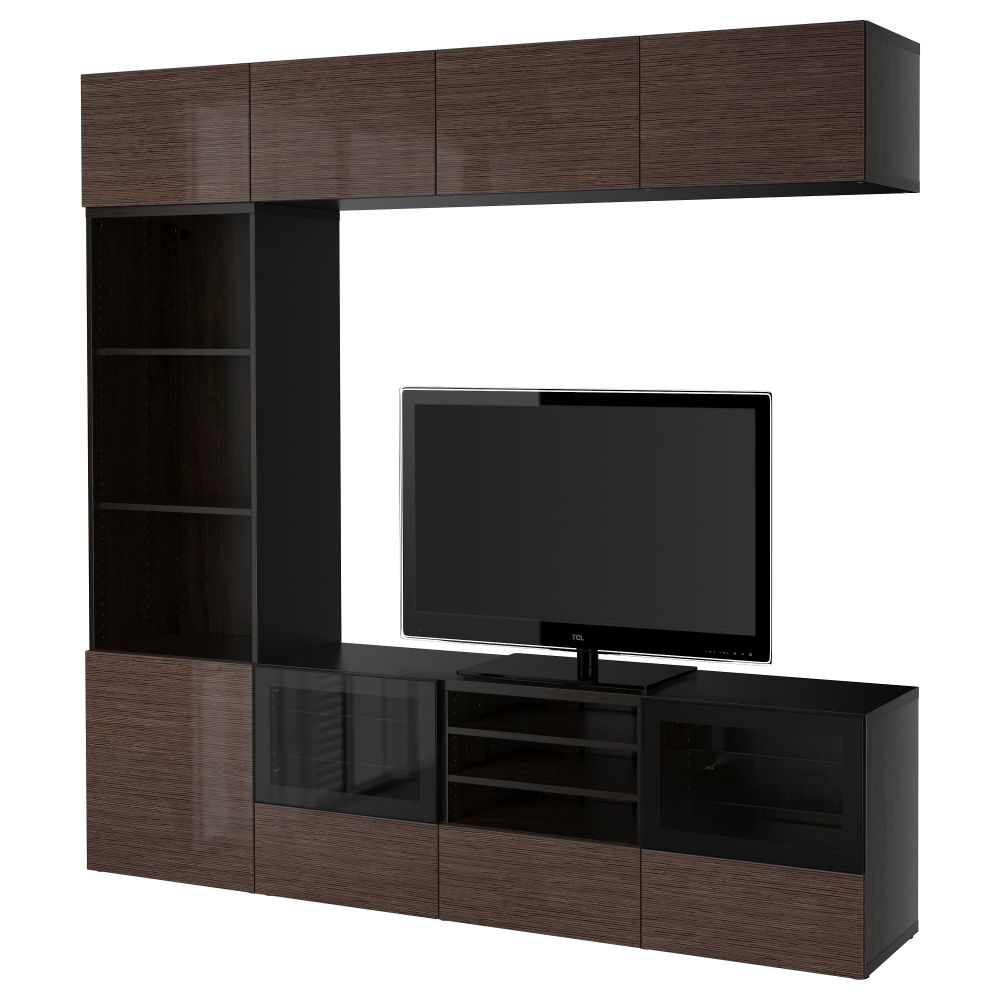 Шкаф для ТВ, комбинированный, стекляные дверцы БЕСТО, черно-коричневый, Сельсвикен глянцевый/коричневый прозрач стекло - фото 1