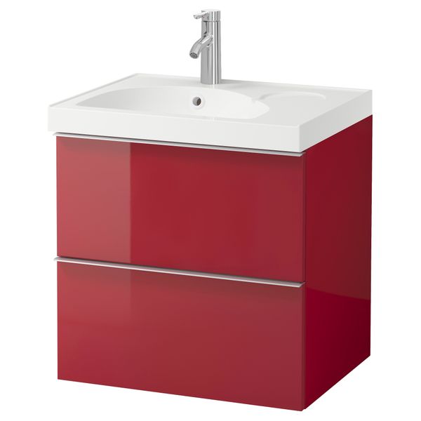 Шкаф для раковины с 2 ящиками ГОДМОРГОН / ЭДЕБОВИКЕН, глянцевый красный (60x49x64 см) - фото 2