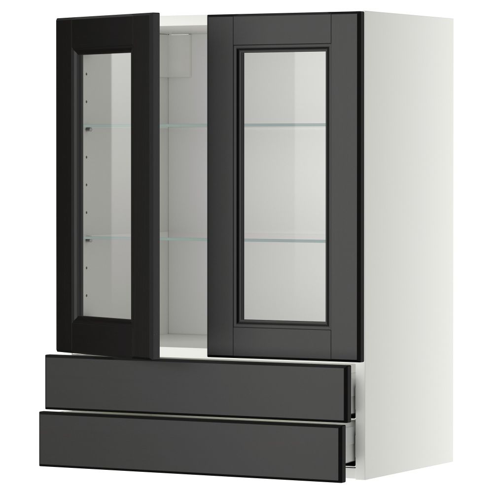 Навесной шкаф, 2 стеклянные дверцы, 2 ящика МЕТОД / МАКСИМЕРА, белый, Лаксарби черно-коричневый - схема-чертеж с размерами