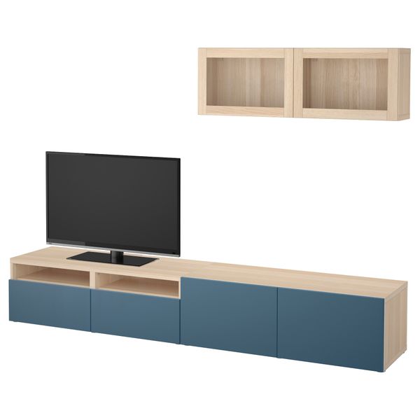 Шкаф для ТВ, комбинированный, стекляные дверцы БЕСТО, под беленый дуб Вальвикен, темно-синий прозрачное стекло (240x20/40x166 - фото 1