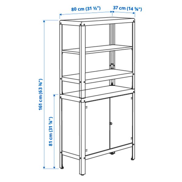 Стеллаж с 1 шкафчиком, зеленый 80x37x161 см IKEA KOLBJÖRN КОЛЬБЬЁРН 493.175.59 - схема-чертеж с размерами