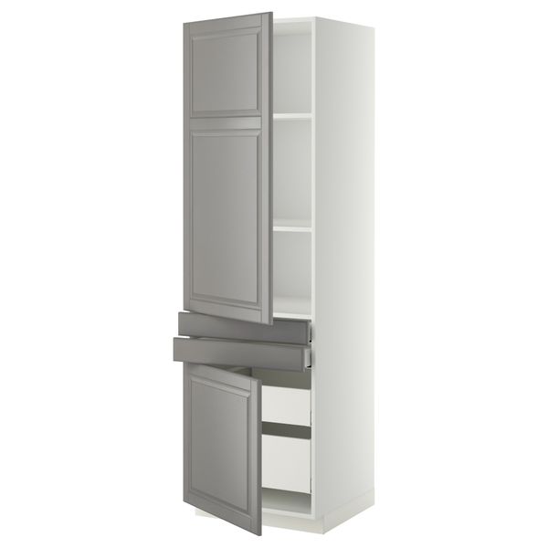 Высокий шкаф + полки, 4 ящик, 2 двери, 2 фронтальные МЕТОД / МАКСИМЕРА, белый, Будбин серый (60x60x200 см) - фото 1