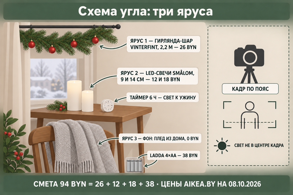 Схема: VINTERFINT 26 BYN, LED-свечи SMÅLOM 12 и 18 BYN, LADDA 4×AA за 38 BYN; итог 94 BYN.