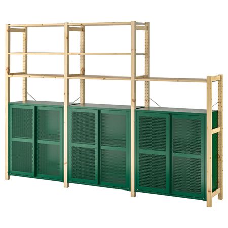 3 секции, полки/шкаф, сосна/зеленый сетка 259x30x179 см IKEA IVAR ИВАР 194.013.90