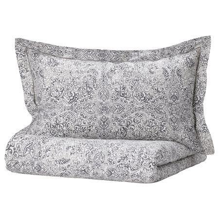 Пододеяльник и наволочка, белый, серый 150x200/50x70 см IKEA ÄNGSKLOCKA ЭНГСКЛОККА 604.933.15