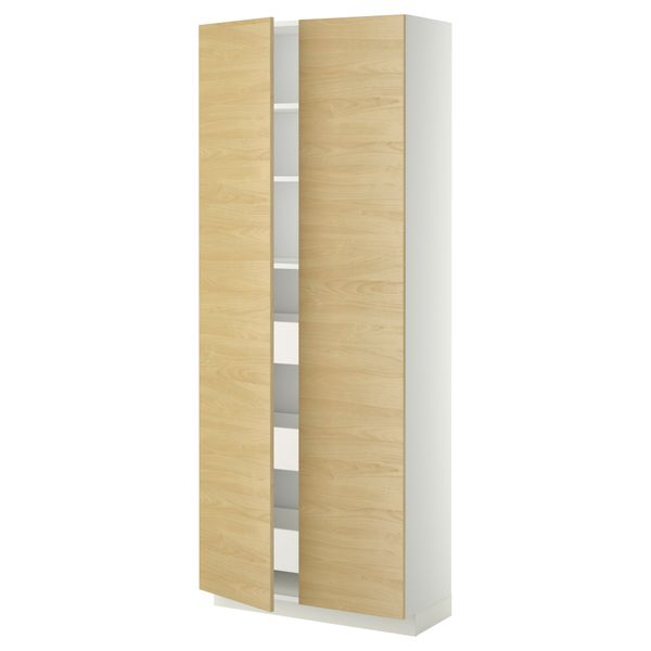 Высокий шкаф с ящиками, 2 дверцы МЕТОД / МАКСИМЕРА, белый, Тингсрид береза (80x37x200 см) - фото 1
