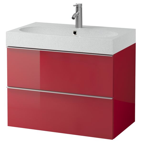 Шкаф для раковины с 2 ящиками ГОДМОРГОН / БРОВИКЕН, глянцевый красный, светло-серый (80x49x68 см) - фото 2