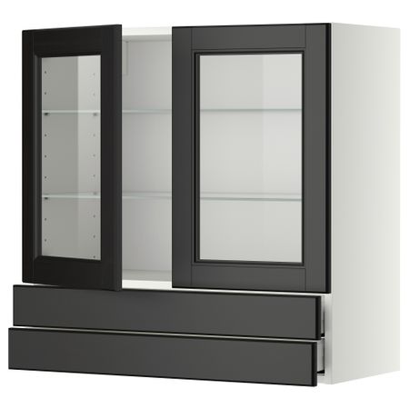 Навесной шкаф, 2 стеклянные дверцы, 2 ящика МЕТОД / МАКСИМЕРА, белый, Лаксарби черно-коричневый