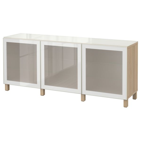 Комбинация для хранения с дверцами БЕСТО, под беленый дуб, Глассвик белый прозрачное стекло (180x40x74 см) - фото 1