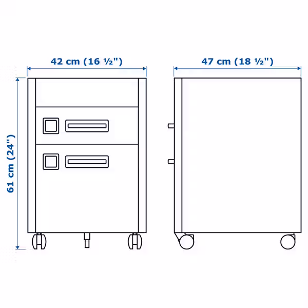 IDÅSEN Тумба с ящиками на колесах - темно-серый 42x61 см - схема-чертеж с размерами