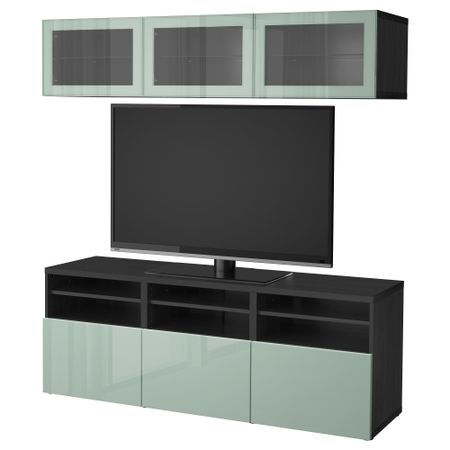 Шкаф для ТВ, комбинированный, стекляные дверцы БЕСТО, черно-коричневый Сельсвикен, глянцевый/серо-зеленый светлый прозрачное