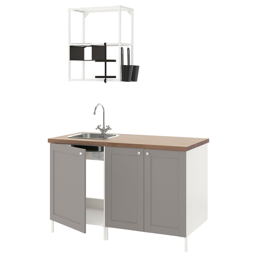 Кухня, 143x63.5x222 см, белый, серый каркас IKEA BEGIVENHET БЕГИВЕНХЕТ 394.856.47 - фото 1