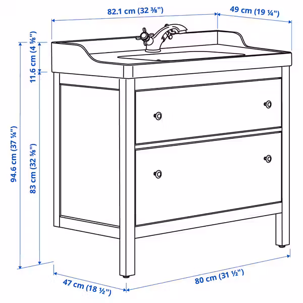 HEMNES / RUTSJÖN РУТШЁН Шкаф с ящиками/раковина/смеситель - схема-чертеж с размерами