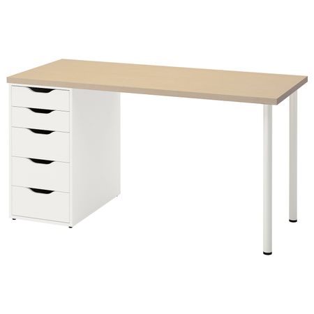 Письменный стол, береза/белый 140x60 см IKEA MÅLSKYTT МОЛСКЮТТ / ALEX АЛЕКС 394.178.04