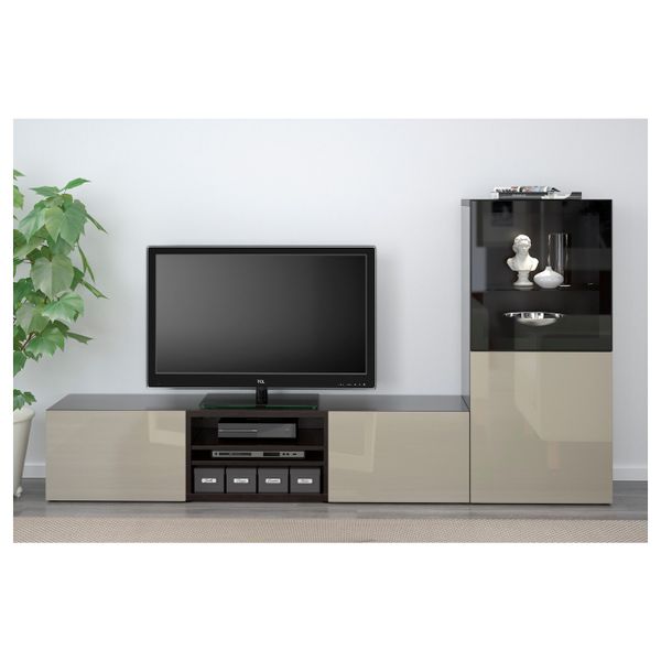 Шкаф для ТВ, комбинированный, стекляные дверцы, черно-коричневый, Сельсвикен глянцевый, бежевый прозрачное стекло, 240x40x128 см - фото 3