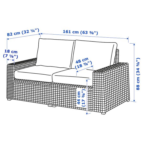 2-местный модульный диван, садовый, темно-серый/ФРЁСЁН/ДУВХОЛЬМЕН бежевый 161x82x88 см IKEA SOLLERÖN СОЛЛЕРОН 992.877.48 - схема-чертеж с размерами