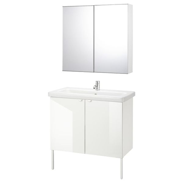 Комплект мебели для ванной,7 предм., глянцевый белый/ПИЛКОН смеситель 84x43x88 см IKEA FISKÅN ФИСКОН / TVÄLLEN ТВЭЛЛЕН - фото 1