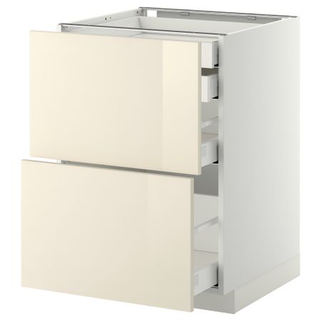 Напольный шкаф 2 фронтальные панели, 2 нижних, 1 средний, 1 высокий ящик МЕТОД / МАКСИМЕРА, белый, Рингульт кремовый