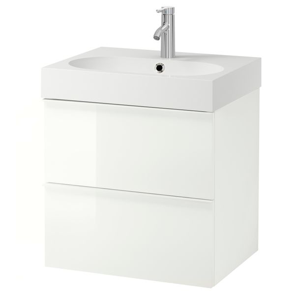 Шкаф для раковины с 2 ящиками ГОДМОРГОН / БРОВИКЕН, глянцевый белый (60x49x68 см) - фото 2