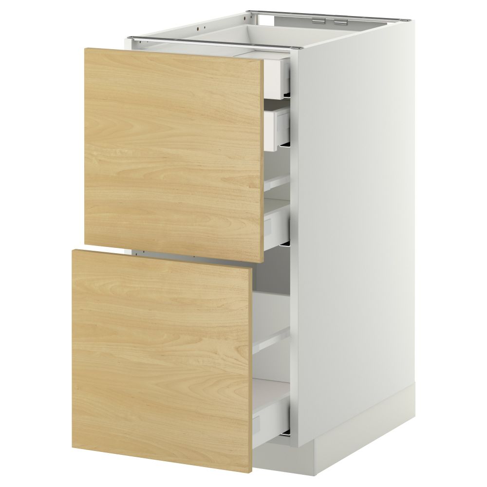 Напольный шкаф 2 фронтальные панели, 2 нижних, 1 средний, 1 высокий ящик МЕТОД / МАКСИМЕРА, белый, Тингсрид береза - фото 1