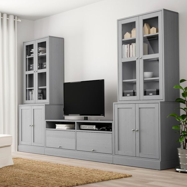 Шкаф для ТВ, комбинированный, стекляные дверцы, серый 322x47x212 см IKEA ХАВСТА 392.658.29 - фото 2