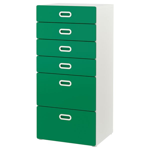 Комод с 6 ящиками, белый/зеленый 60x50x128 см IKEA STUVA СТУВА / FRITIDS ФРИТИДС 392.656.31 - фото 1
