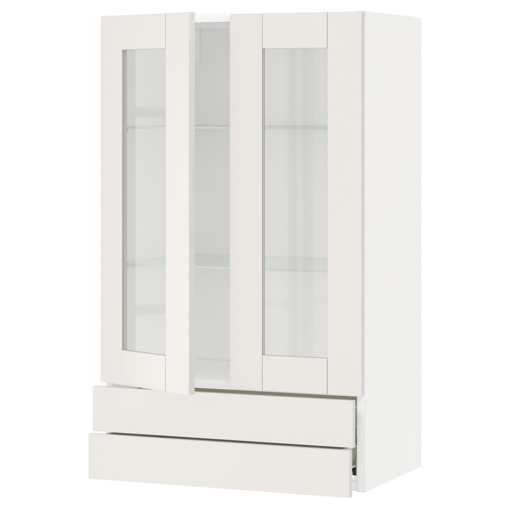 Навесной шкаф, 2 стеклянные дверцы, 2 ящика МЕТОД / ФОРВАРА, белый, Сэведаль белый - схема-чертеж с размерами