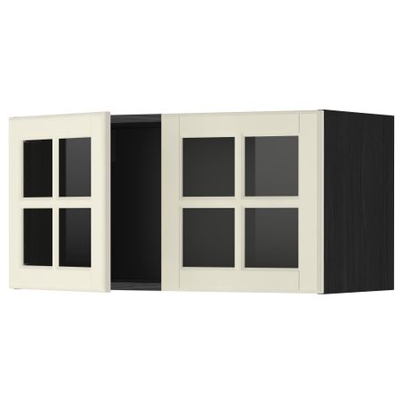 Навесной шкаф с 2 стеклянная дверями МЕТОД, черный, Будбин белый с оттенком (80x40 см)