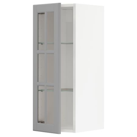 Навесной шкаф, полки, стеклянная дверца, белый, Bodbyn серый, 30x80 см IKEA METOD МЕТОД 793.949.66