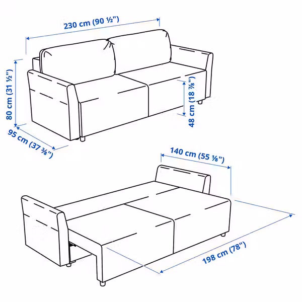 BRISSUND 3-местный диван-кровать - Hakebo темно-серый - схема-чертеж с размерами