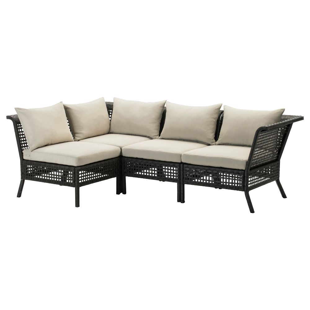 Садовый угловой диван 3 + 1 КУНГСХОЛЬМЕН, черно-коричневый, Холло бежевый бежевый (142/222x80x73 см) - фото 1