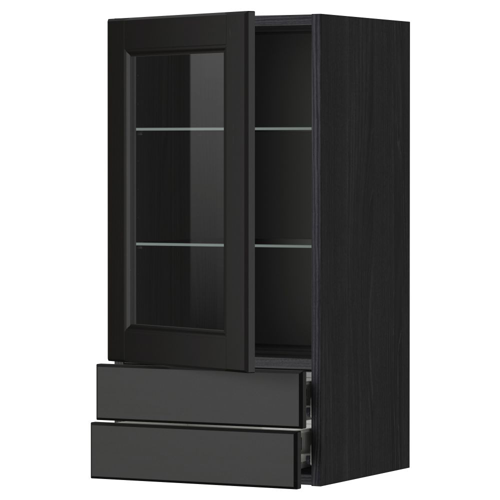 Навесной шкаф, стеклянная дверца, 2 ящика МЕТОД / ФОРВАРА, черный, Лаксарби черно-коричневый - фото 1