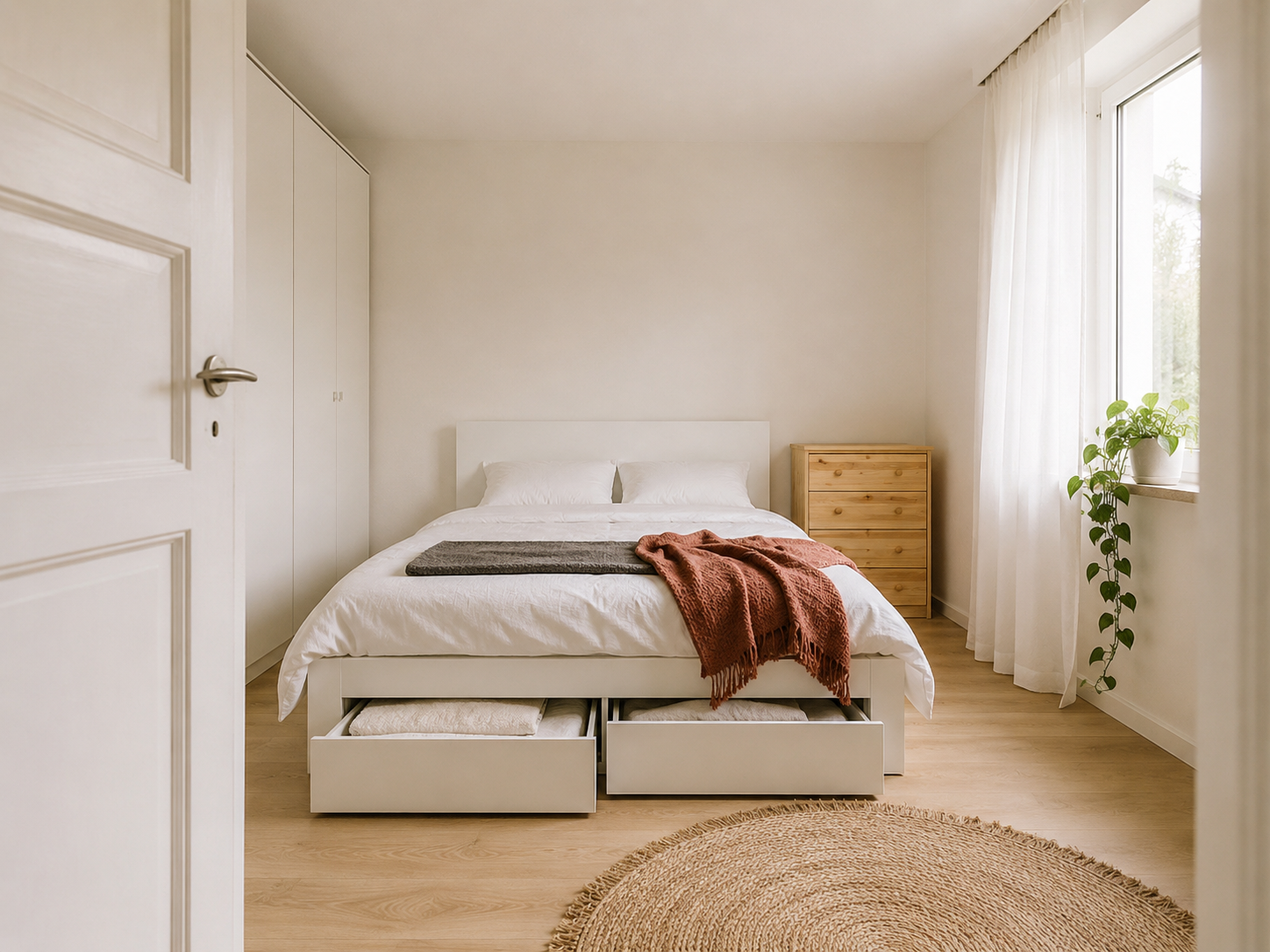 Спальня 12 м² после ремонта с мебелью IKEA: MALM кровать, PAX шкаф, светлые стены