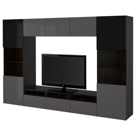 Шкаф для ТВ, комбинированный, стекляные дверцы БЕСТО, черно-коричневый, Сельсвикен глянцевый/серый дымчатое стекло (300x40x192